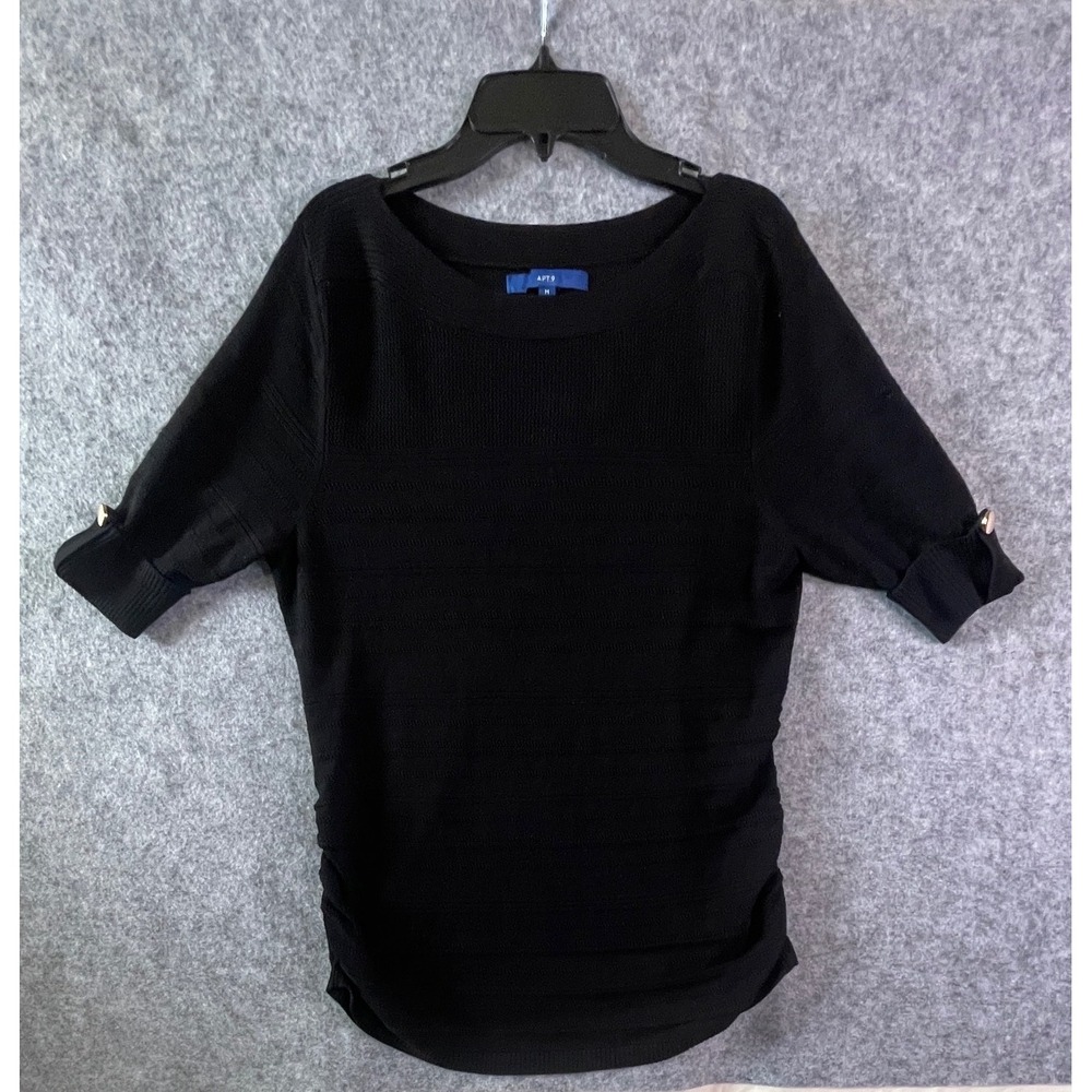 Apt 9 Womens Black Textured Ruched Side Short Sleeve Boat Neck Sweater Top M
